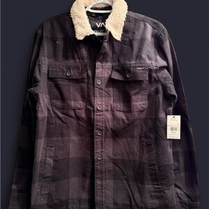 RVCA Men's Dark Plaid Jacket with Sherpa Collar